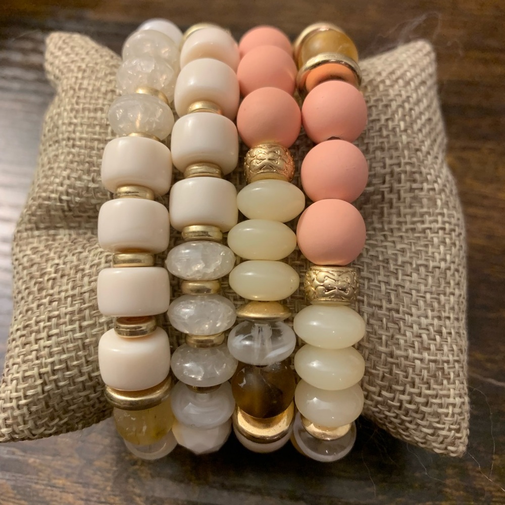 Plunder Coral Peach and Cream Beaded Stretch Bracelet Set with Gold Accents